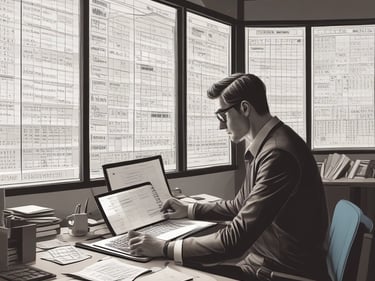A person is working on a laptop at a table, focusing on a software interface displayed on the screen. The interface appears technical or related to programming and data flow. The setting seems to be a modern indoor office or study area with a window in the background.