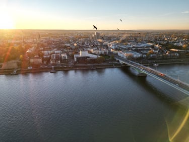 Luftaufnahme Drohnenbild der Konrad Adenauer Brücke bei Sonnenuntergang und Vögeln im Bild