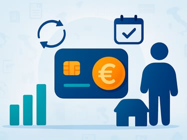 Illustrazione CAF Public su Carta Dedicata a Te 2025 con tessera elettronica, importo e simboli spesa.