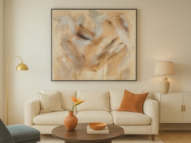 Modern minimalist living room with beige sofa and large abstract wall art in earth tones.