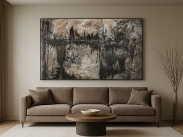 Modern living room with a brown sofa and large abstract wall art in neutral tones.
