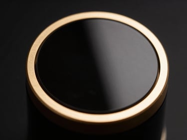 Macro close-up of PLAMODE aesthetic device, gold rim lighting, black mirror glass finish, 85mm