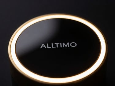 Macro close-up of ALLTIMO aesthetic device, gold rim lighting, black mirror glass finish, 85mm