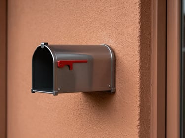 Close-detail shot of a finished home mailbox and door handle on a completed cluster unit, terracotta-toned door, natural afternoon light, rendered wall surface with fine texture, no people