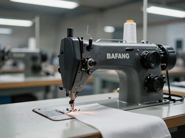 Bafang industrial sewing machine on a production line, black and grey body, thread spool visible on top, clear overhead factory lighting, stitching operation in progress on thick fabric