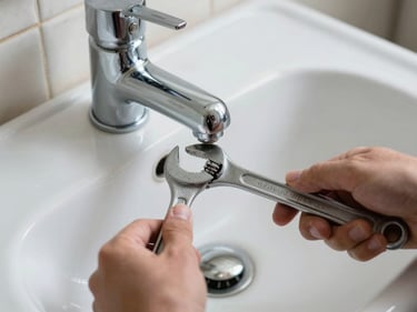 Close-up of a bathroom sink and chrome tap being fitted by hands holding a wrench, white ceramic basin, natural indoor daylight, tiles visible in background, unglamorous working conditions