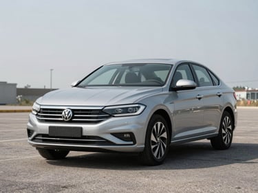Three-quarter front view of a clean 2021 Volkswagen Jetta in silver on a bright outdoor lot under even daylight, neutral asphalt background, no people