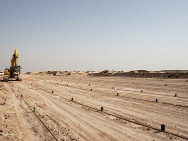 Wide shot of a levelled construction site in the UAE, earthmoving equipment at the far left, survey stakes in a grid pattern across compacted earth, hazy sky above, no finished buildings visible