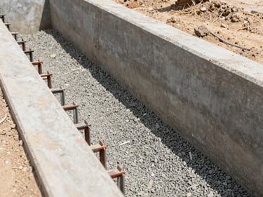 Close-up of a concrete drainage channel under construction, fresh aggregate base visible, steel formwork along the channel walls, natural daylight from above, Dubai desert soil at the edges