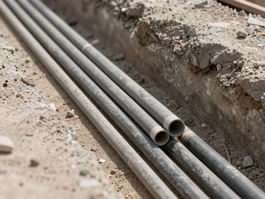 Close-up of bundled MEP conduit being laid in a below-slab trench on a construction site, various pipe diameters, concrete substrate below, natural site lighting, Dubai construction context