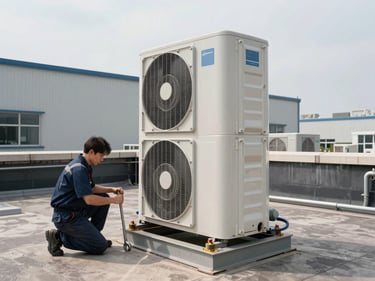 Wide shot of a rooftop commercial HVAC condenser unit being bolted into position, technician kneeling with wrench on the left, industrial building facade behind, overcast daylight, no staging