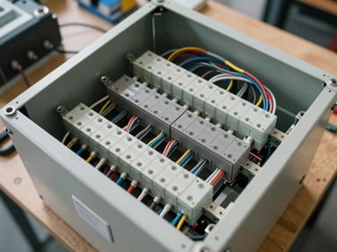 Overhead view of an open electrical panel mid-assembly, labeled terminal blocks in precise rows, wire looms color-coded and tied, workshop bench under diffused north-light, no hands in frame