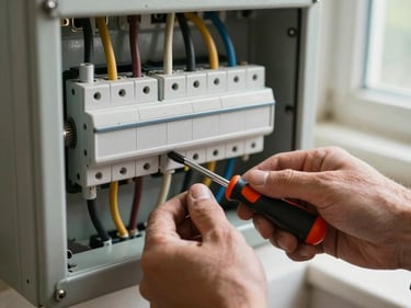 Close-up of hands routing insulated cables through conduit inside a residential switchboard, fingers holding a screwdriver against terminal block, warm on-site daylight from a nearby window, authentic job-site grime