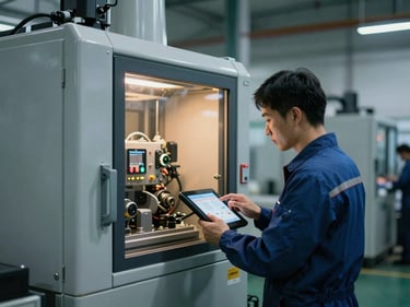 Medium-wide shot of a factory maintenance technician interacting with a diagnostic tablet connected to a large industrial machine, cool daylight, warm indicator lights, sharp focus, 35mm
