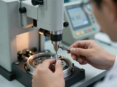 Macro shot of a quality control engineer inspecting a component with precision tools, digital display showing measurements, cool industrial lighting, sharp focus, 35mm