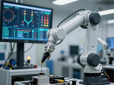 Close-up of a robotic arm on a modern assembly line, with data visualizations on a screen in the background, cool industrial daylight, warm machine indicator lights, sharp focus, 35mm
