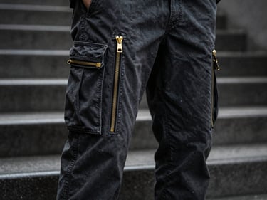 Close-up shot of dark grey cargo pants with gold zippers, urban concrete stairs background.