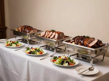 Buffet station with tiered silver chafing dishes, carved proteins, and garnished salads arranged on a white-draped table under warm spotlighting, clean and abundant