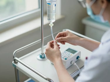 Close-up overhead view of a nurse's hands adjusting an IV drip on a ward trolley, natural north-facing window light falling across the equipment, clinical setting visible in soft background
