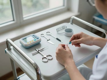 Overhead close-up of hands preparing obstetric monitoring equipment on a clinical trolley, natural light from a wide ward window, sterile instruments laid out precisely