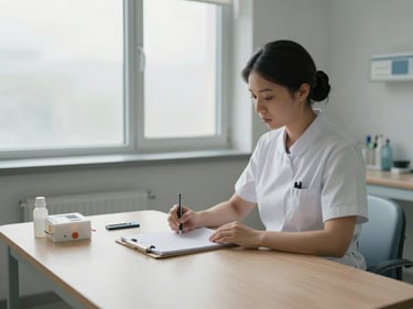 Wide environmental shot of a quiet clinical consultation room, a nurse's notepad and assessment tools on the desk, north-facing daylight through a frosted window, no persons visible