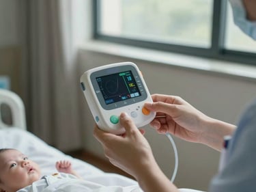 Nurse's hands carefully holding a neonatal monitoring device in a paediatric unit, natural daylight from a high window, clinical instruments in sharp focus against a muted background