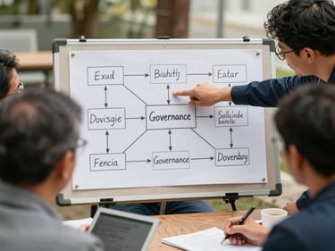 Documentary shot of a small group working through a governance workshop at an outdoor table, facilitator pointing to a hand-drawn decision-flow chart pinned to a board, natural daylight