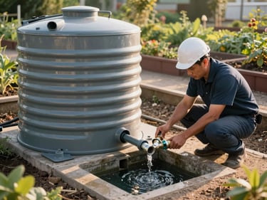 Wide shot of a corrugated water tank being plumbed into a greywater reed bed, engineer crouching to connect pipe fittings, late afternoon light, garden beds visible in background
