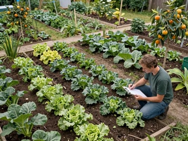 Overhead view of a productive permaculture zone-one garden in full growth, designer kneeling with clipboard marking zones, natural daylight, vegetable beds and fruit trees in frame