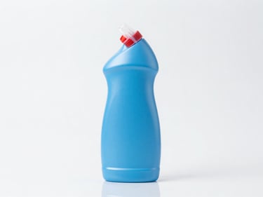 Front-facing studio shot of a blue toilet cleaner bottle on a clean reflective surface, clinical lighting