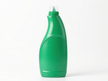 Front-facing studio shot of a green floor cleaner bottle, bright high-key clinical lighting