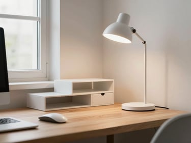 Aesthetic home office corner with a small LED desk lamp and minimalist organizer on a light wood desk, bright natural window light from the side