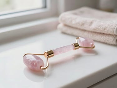 Close-up of a rose quartz facial roller resting on a clean white bathroom counter, bright natural window light, pastel towel softly blurred in background