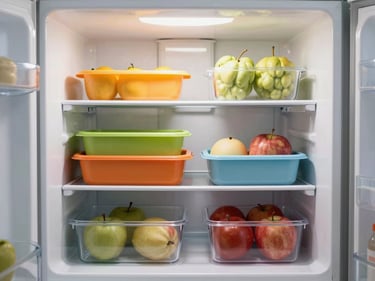 Aesthetic fridge organizer bins inside a clean white refrigerator, bright kitchen light, products neatly stacked and color-coded