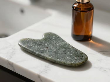 Gua sha stone and face serum bottle on a white marble bathroom counter, bright natural light, close-up product shot