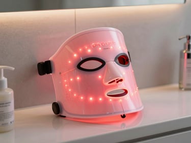 LED light therapy face mask on a bathroom shelf, glowing in soft pink and red tones, bright even product photography lighting