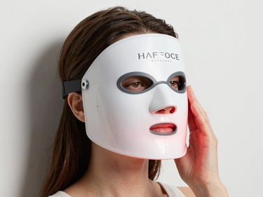 Compact LED light therapy face mask held in a woman's hand against a clean white wall, bright even studio lighting, device glowing soft red