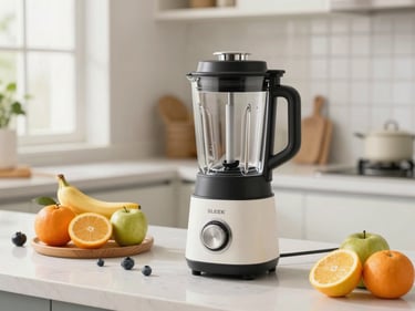 Sleek portable mini blender on a kitchen counter beside fresh fruit, bright natural light from the left, clean white tile background