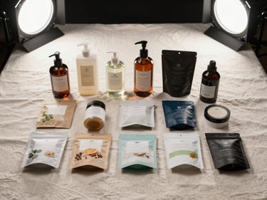 Flat-lay of a shopping haul on a cream linen surface — small packaged products arranged neatly, bright overhead studio light