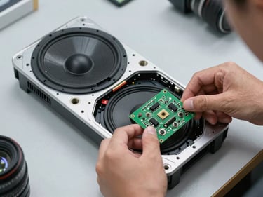 Overhead close-up of TV speaker assembly removed from chassis, technician hands holding audio board, bright clinical studio lighting, grey workbench