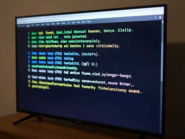 Medium close-up of a Smart TV screen displaying a software error code or frozen boot screen, diagnostic readout visible, clinical studio strobe lighting