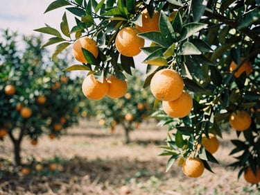 Close-up of vibrant, ripe oranges hanging from a tree branch in a sun-drenched Spanish orchard, 35mm film look.