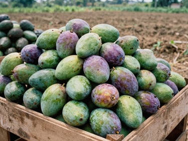Pile of vibrant green and purple mangos and avocados in a rustic wooden crate, sun-drenched, raw agricultural photography.