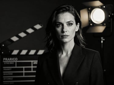 High-contrast black and white studio portrait of an elegant female casting director, sharp key light, dark background, professional editorial photography.