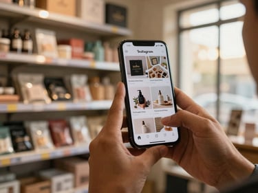 Close-up of hands holding a smartphone showing an Instagram feed with product posts for a small Indian retail brand, golden hour light from a window, a packed shop shelf visible behind