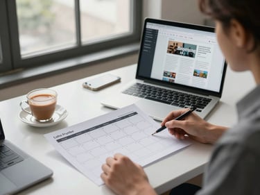 Wide shot of a business owner reviewing printed content calendar and a laptop screen showing blog drafts, natural daylight from a side window, cup of chai on the desk, real office clutter visible