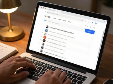 Close-up overhead of a laptop screen showing a Google search results page with a local Indian business ranking at the top, hands resting on the keyboard, warm desk lamp light, notepad with keyword notes visible at edge