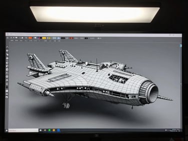 3D modeling software viewport showing a low-poly spaceship model in progress, wireframe overlay visible, neutral studio lighting from above