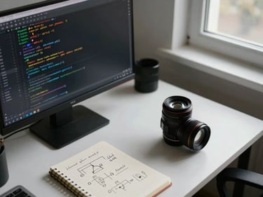 Overhead shot of a desk with a monitor showing HTML and CSS code, a small notebook with handwritten logic diagrams beside it, natural window light
