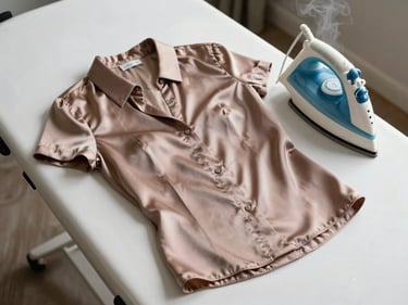 Overhead shot of a silk blouse laid flat on a clean pressing table under bright overhead daylight, steam iron resting beside it, fabric sheen visible